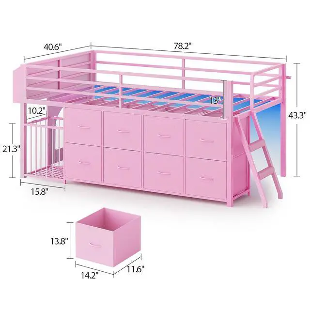 Alt view image 2 of 7 - Twin Size Low Loft Bed with RGB Lights & Play Zone, 8 XL Drawers, Kids Play Loft with 2-Step Ladder & Anti-Tip Kit (Pink)