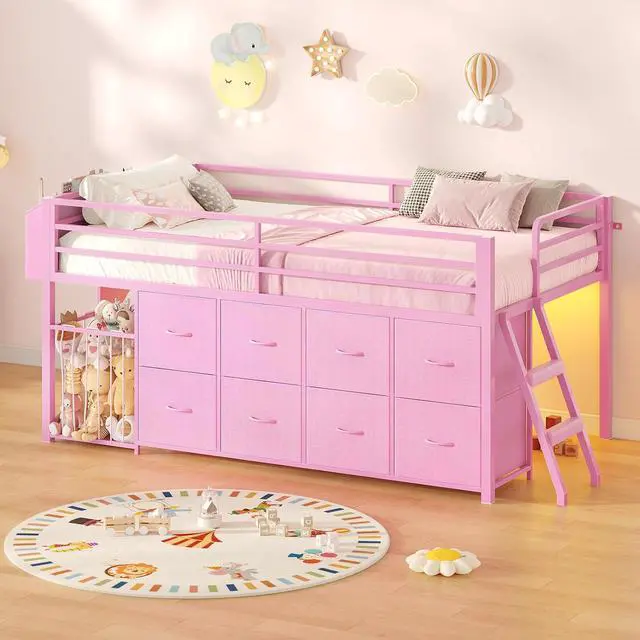 Main image of Twin Size Low Loft Bed with RGB Lights & Play Zone, 8 XL Drawers, Kids Play Loft with 2-Step Ladder & Anti-Tip Kit (Pink)