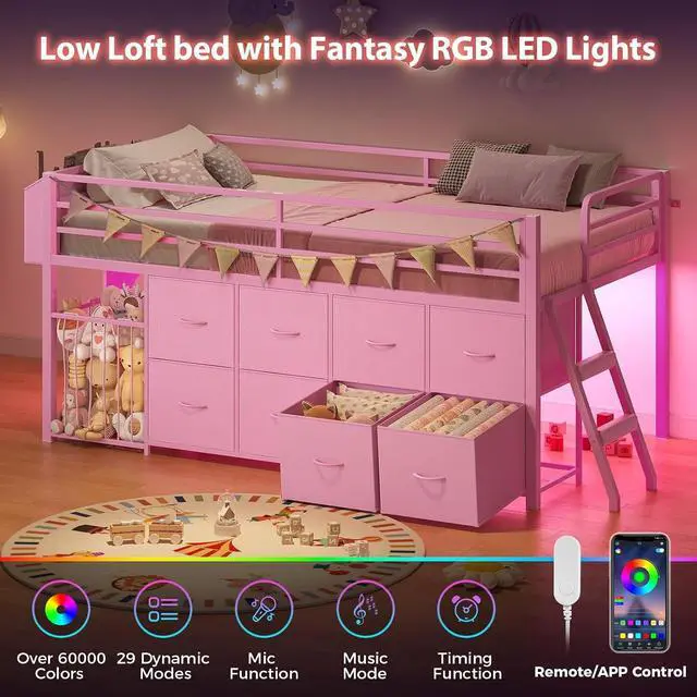 Alt view image 3 of 7 - Twin Size Low Loft Bed with RGB Lights & Play Zone, 8 XL Drawers, Kids Play Loft with 2-Step Ladder & Anti-Tip Kit (Pink)