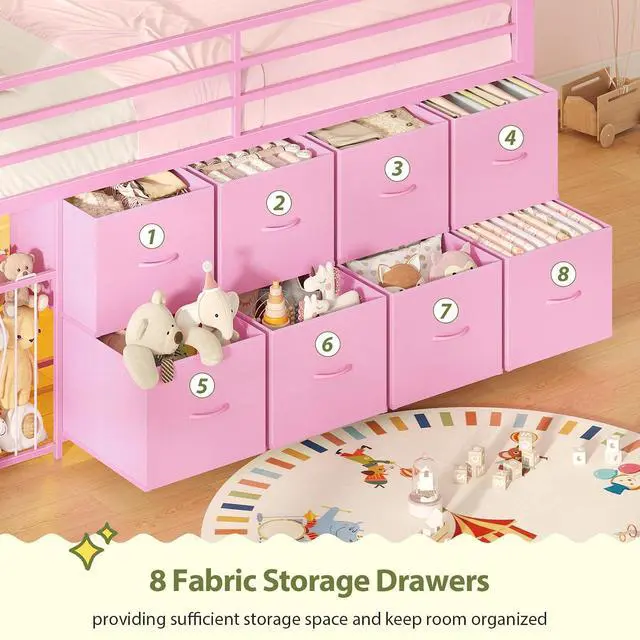 Alt view image 5 of 7 - Twin Size Low Loft Bed with RGB Lights & Play Zone, 8 XL Drawers, Kids Play Loft with 2-Step Ladder & Anti-Tip Kit (Pink)