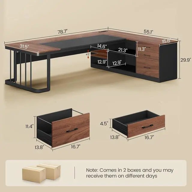 Alt view image 2 of 7 - 78.7" Executive Desk, Large Office Desk with Drawers & Storage Shelves, Modern L Shaped Computer Desk Corner Desk with Power Outlets, File Cabinet, Business Furniture Desk Workstation (Walnut)