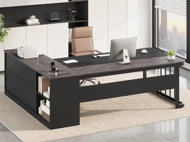 Main image of 71" Executive Desk, Large Office Desk with Drawers & Storage Shelves, Modern L Shaped Computer Desk Corner Desk with Power Outlets, File Cabinet, Business Furniture Desk Workstation (Grey)