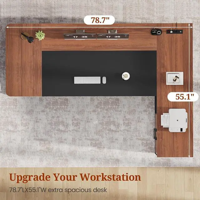 Alt view image 3 of 7 - 78.7" Executive Desk, Large Office Desk with Drawers & Storage Shelves, Modern L Shaped Computer Desk Corner Desk with Power Outlets, File Cabinet, Business Furniture Desk Workstation (Walnut)