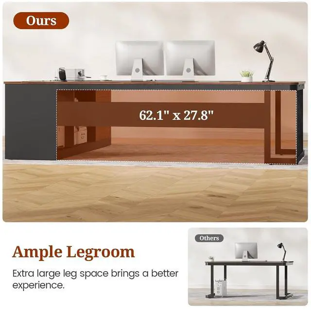 Alt view image 6 of 7 - 78.7" Executive Desk, Large Office Desk with Drawers & Storage Shelves, Modern L Shaped Computer Desk Corner Desk with Power Outlets, File Cabinet, Business Furniture Desk Workstation (Walnut)