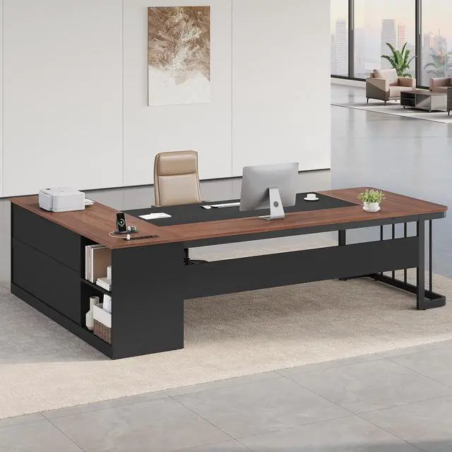 Alt view image 7 of 7 - 78.7" Executive Desk, Large Office Desk with Drawers & Storage Shelves, Modern L Shaped Computer Desk Corner Desk with Power Outlets, File Cabinet, Business Furniture Desk Workstation (Walnut)