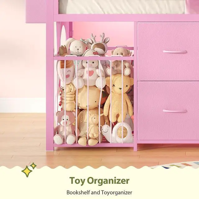 Alt view image 6 of 7 - Twin Size Low Loft Bed with RGB Lights & Play Zone, 8 XL Drawers, Kids Play Loft with 2-Step Ladder & Anti-Tip Kit (Pink)