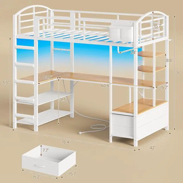 Alt view image 2 of 7 - Loft Bed Twin Size with L Shape Desk,4 Drawers,Cloth hanging rack,2-Tier Storage Shelves Metal Loft Bed Frame with Power Outlet and LED Lighted,No Box Spring Needed,Space-Saving,Noise Free (White)