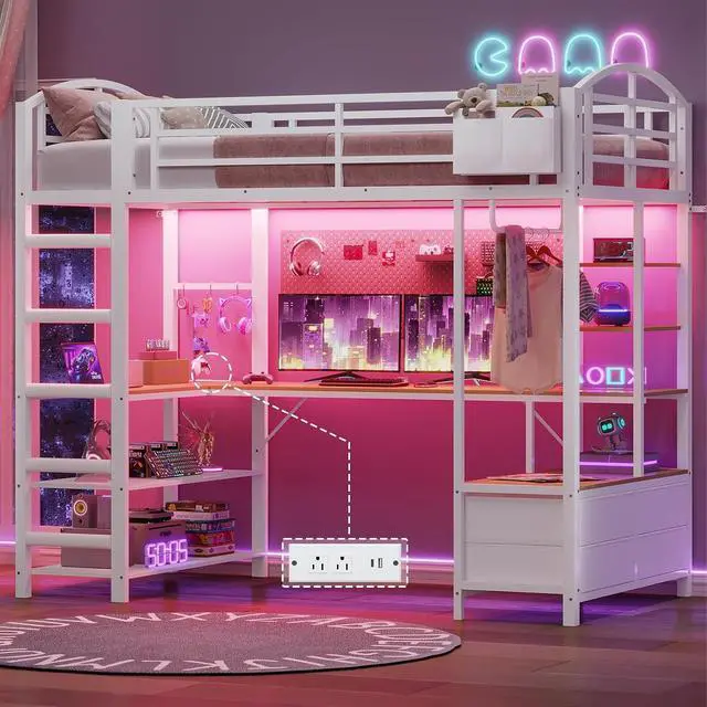 Main image of Loft Bed Twin Size with L Shape Desk,4 Drawers,Cloth hanging rack,2-Tier Storage Shelves Metal Loft Bed Frame with Power Outlet and LED Lighted,No Box Spring Needed,Space-Saving,Noise Free (White)