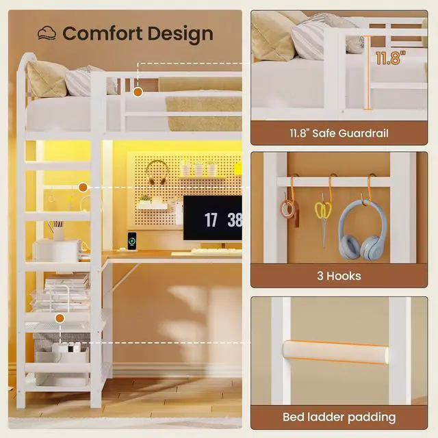 Alt view image 6 of 7 - Loft Bed Twin Size with L Shape Desk,4 Drawers,Cloth hanging rack,2-Tier Storage Shelves Metal Loft Bed Frame with Power Outlet and LED Lighted,No Box Spring Needed,Space-Saving,Noise Free (White)