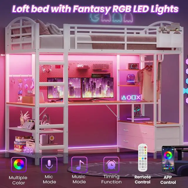 Alt view image 4 of 7 - Loft Bed Twin Size with L Shape Desk,4 Drawers,Cloth hanging rack,2-Tier Storage Shelves Metal Loft Bed Frame with Power Outlet and LED Lighted,No Box Spring Needed,Space-Saving,Noise Free (White)