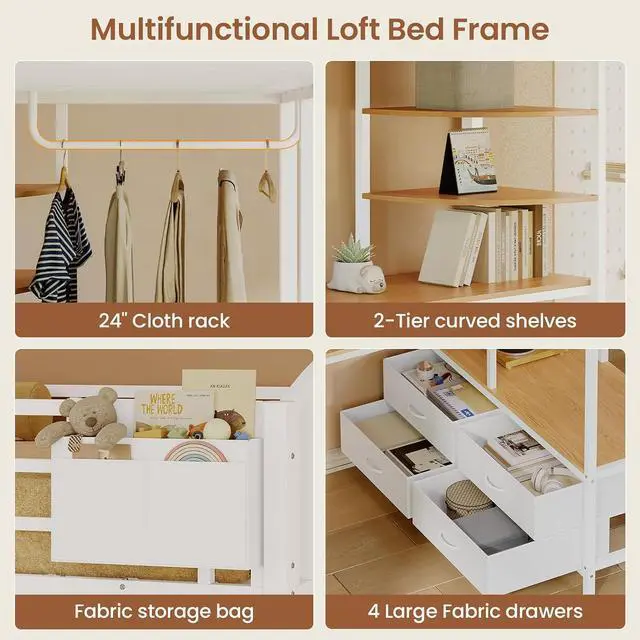 Alt view image 3 of 7 - Loft Bed Twin Size with L Shape Desk,4 Drawers,Cloth hanging rack,2-Tier Storage Shelves Metal Loft Bed Frame with Power Outlet and LED Lighted,No Box Spring Needed,Space-Saving,Noise Free (White)