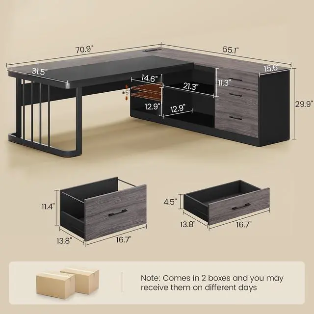 Alt view image 2 of 7 - 71" Executive Desk, Large Office Desk with Drawers & Storage Shelves, Modern L Shaped Computer Desk Corner Desk with Power Outlets, File Cabinet, Business Furniture Desk Workstation (Grey)