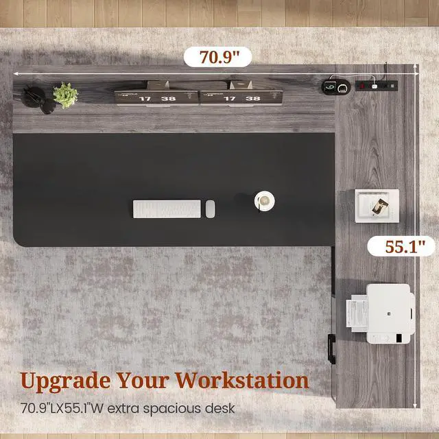 Alt view image 3 of 7 - 71" Executive Desk, Large Office Desk with Drawers & Storage Shelves, Modern L Shaped Computer Desk Corner Desk with Power Outlets, File Cabinet, Business Furniture Desk Workstation (Grey)