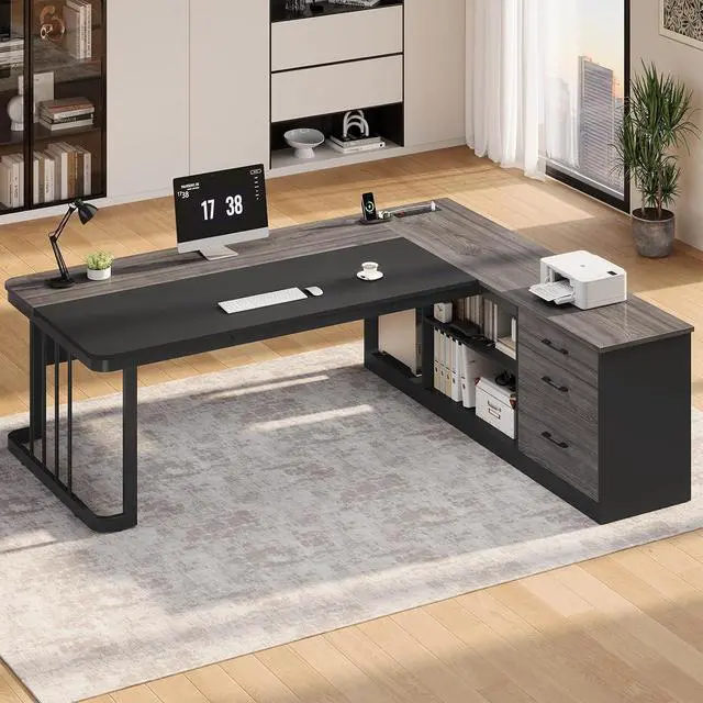 Alt view image 6 of 7 - 71" Executive Desk, Large Office Desk with Drawers & Storage Shelves, Modern L Shaped Computer Desk Corner Desk with Power Outlets, File Cabinet, Business Furniture Desk Workstation (Grey)