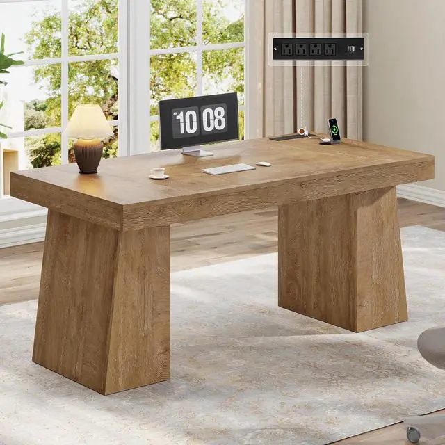 Main image of 55.9 in Executive Desk with Power Outlets, Modern Home Office Desk with Storage Cabinet, Wood Computer Desk Business Workstation Desk Conference Table, Oak (Storage Cabinet)