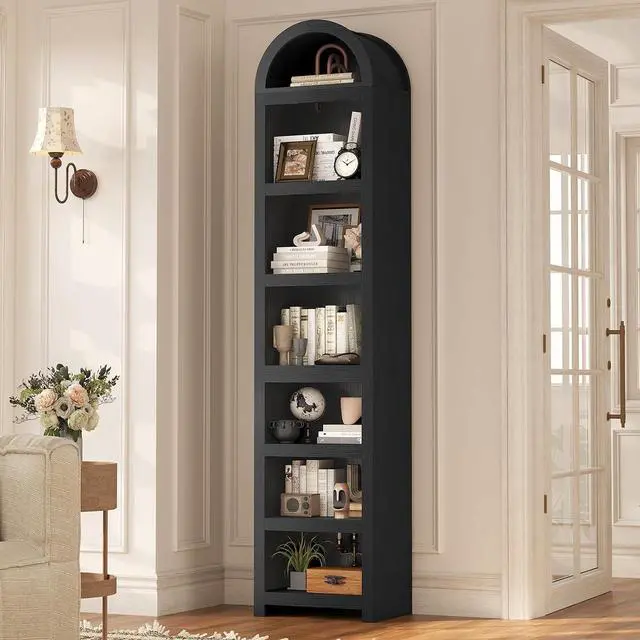Main image of 76" Tall Narrow Arched Bookcase,7-Teir Mid-Century Modern Bookshelf,Adjustable Shelves offering More Storage Space for Living Room,Kitchen,Home Office,Black