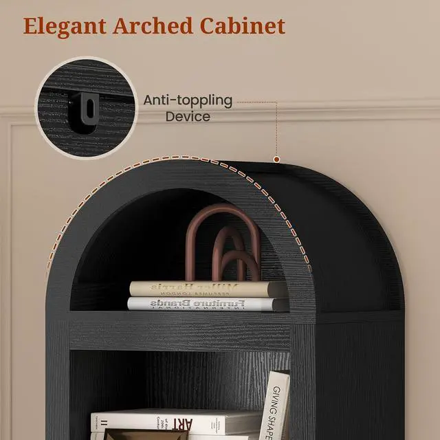 Alt view image 4 of 7 - 76" Tall Narrow Arched Bookcase,7-Teir Mid-Century Modern Bookshelf,Adjustable Shelves offering More Storage Space for Living Room,Kitchen,Home Office,Black