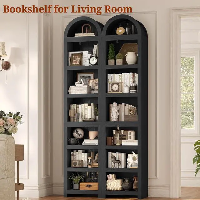 Alt view image 5 of 7 - 76" Tall Narrow Arched Bookcase,7-Teir Mid-Century Modern Bookshelf,Adjustable Shelves offering More Storage Space for Living Room,Kitchen,Home Office,Black