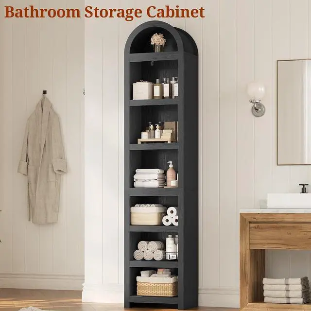 Alt view image 7 of 7 - 76" Tall Narrow Arched Bookcase,7-Teir Mid-Century Modern Bookshelf,Adjustable Shelves offering More Storage Space for Living Room,Kitchen,Home Office,Black