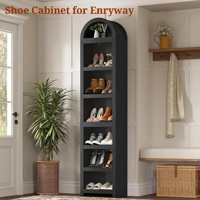 Alt view image 6 of 7 - 76" Tall Narrow Arched Bookcase,7-Teir Mid-Century Modern Bookshelf,Adjustable Shelves offering More Storage Space for Living Room,Kitchen,Home Office,Black