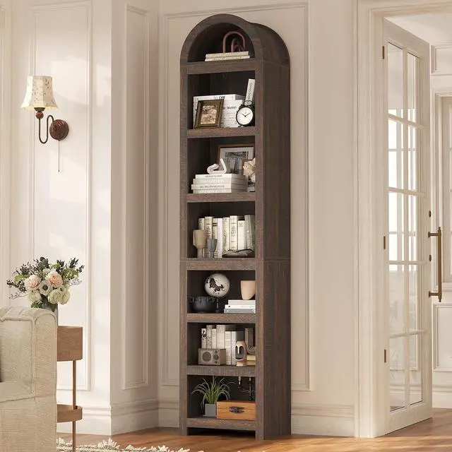 Main image of 76" Tall Narrow Arched Bookcase,7-Teir Mid-Century Modern Bookshelf,Adjustable Shelves offering More Storage Space for Living Room,Kitchen,Home Office,Walnut
