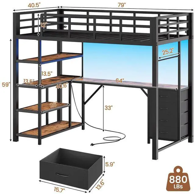 Alt view image 2 of 7 - Loft Bed Twin Size with L Shape Desk,4 Drawers,3-Tier Storage Shelves Metal Loft Bed Frame with Power Outlet and LED Lighted,No Box Spring Needed,Space-Saving,Noise Free,Brown & Black
