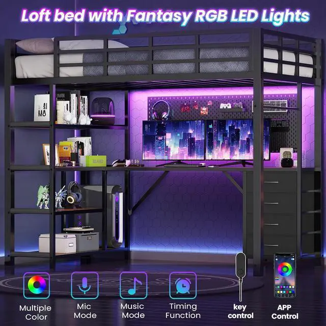 Alt view image 3 of 7 - Loft Bed Twin Size with L Shape Desk,4 Drawers,3-Tier Storage Shelves Metal Loft Bed Frame with Power Outlet and LED Lighted,No Box Spring Needed,Space-Saving,Noise Free,Brown & Black