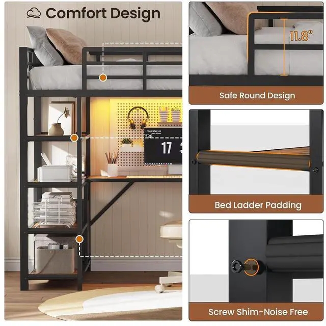 Alt view image 5 of 7 - Loft Bed Twin Size with L Shape Desk,4 Drawers,3-Tier Storage Shelves Metal Loft Bed Frame with Power Outlet and LED Lighted,No Box Spring Needed,Space-Saving,Noise Free,Brown & Black