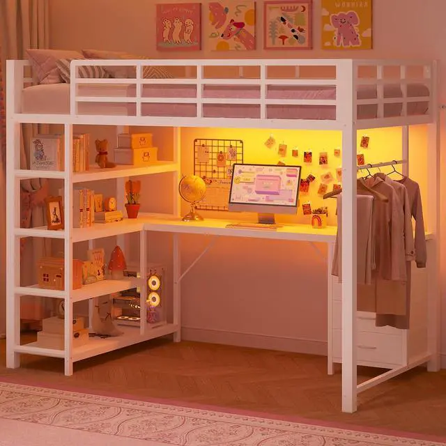 Main image of Loft Bed Twin Size with L Shape Desk,4 Drawers,3-Tier Storage Shelves Metal Loft Bed Frame with Power Outlet and LED Lighted,No Box Spring Needed,Space-Saving,Noise Free,White