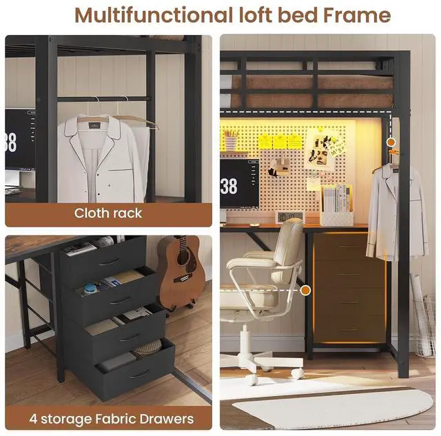 Alt view image 6 of 7 - Loft Bed Twin Size with L Shape Desk,4 Drawers,3-Tier Storage Shelves Metal Loft Bed Frame with Power Outlet and LED Lighted,No Box Spring Needed,Space-Saving,Noise Free,Brown & Black