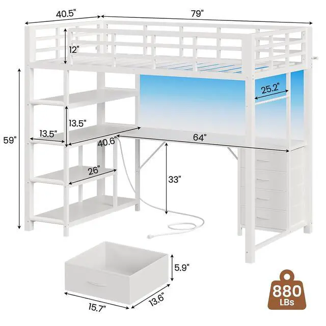Alt view image 2 of 7 - Loft Bed Twin Size with L Shape Desk,4 Drawers,3-Tier Storage Shelves Metal Loft Bed Frame with Power Outlet and LED Lighted,No Box Spring Needed,Space-Saving,Noise Free,White