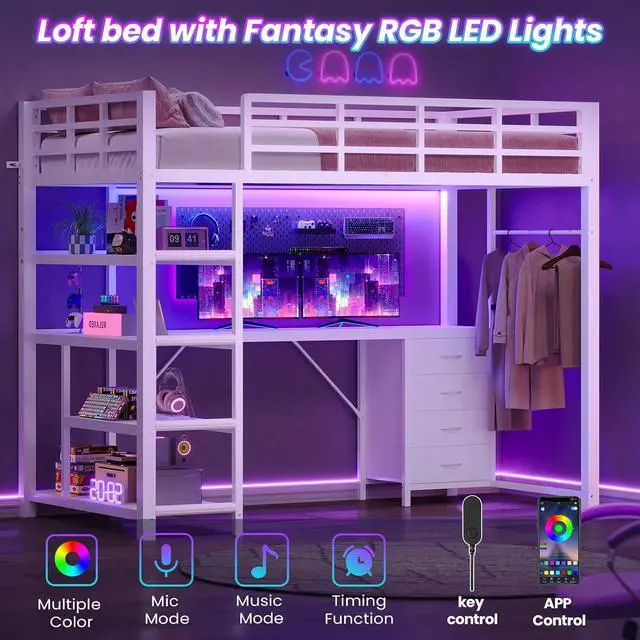 Alt view image 3 of 7 - Loft Bed Twin Size with L Shape Desk,4 Drawers,3-Tier Storage Shelves Metal Loft Bed Frame with Power Outlet and LED Lighted,No Box Spring Needed,Space-Saving,Noise Free,White