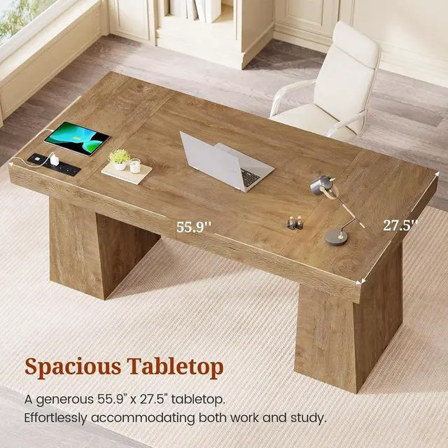 Alt view image 5 of 7 - 55.9 in Executive Desk with Power Outlets, Modern Home Office Desk with Storage Cabinet, Wood Computer Desk Business Workstation Desk Conference Table, Oak (Storage Cabinet)
