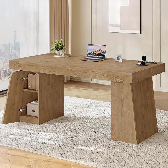 Alt view image 6 of 7 - 55.9 in Executive Desk with Power Outlets, Modern Home Office Desk with Storage Cabinet, Wood Computer Desk Business Workstation Desk Conference Table, Oak (Storage Cabinet)