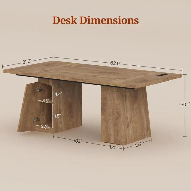 Alt view image 2 of 7 - 63 in Executive Desk with Power Outlets, Modern Home Office Desk with Storage Cabinet, Wood Computer Desk Business Workstation Desk Conference Table (Oak)