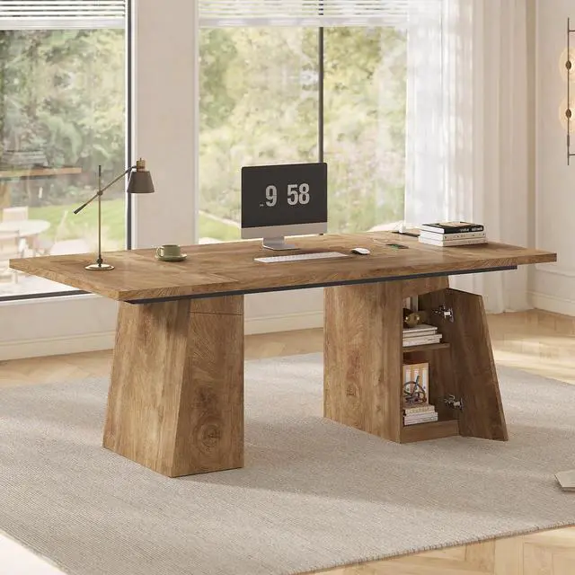 Main image of 63 in Executive Desk with Power Outlets, Modern Home Office Desk with Storage Cabinet, Wood Computer Desk Business Workstation Desk Conference Table (Oak)