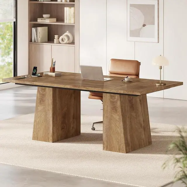 Alt view image 4 of 7 - 63 in Executive Desk with Power Outlets, Modern Home Office Desk with Storage Cabinet, Wood Computer Desk Business Workstation Desk Conference Table (Oak)