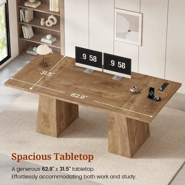 Alt view image 3 of 7 - 63 in Executive Desk with Power Outlets, Modern Home Office Desk with Storage Cabinet, Wood Computer Desk Business Workstation Desk Conference Table (Oak)