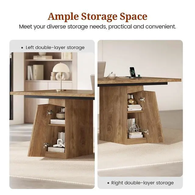 Alt view image 6 of 7 - 63 in Executive Desk with Power Outlets, Modern Home Office Desk with Storage Cabinet, Wood Computer Desk Business Workstation Desk Conference Table (Oak)