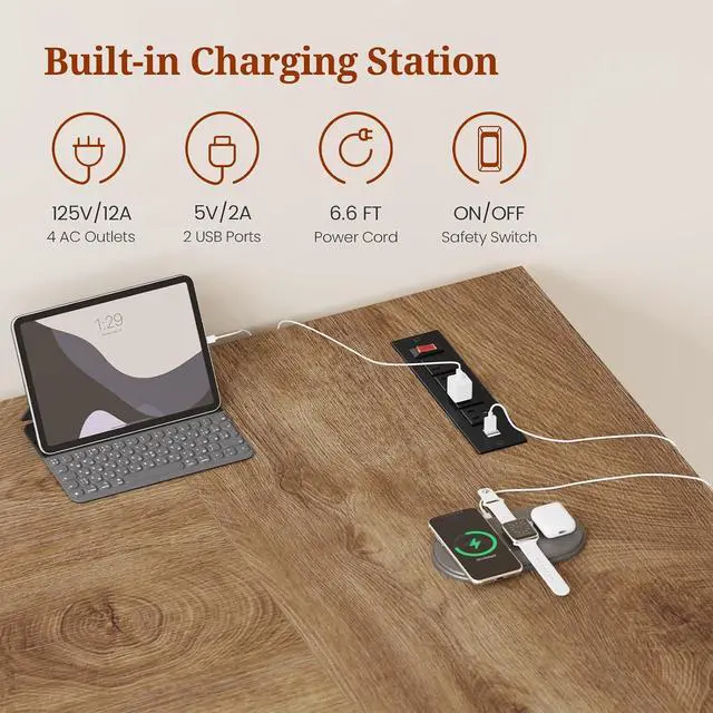 Alt view image 5 of 7 - 63 in Executive Desk with Power Outlets, Modern Home Office Desk with Storage Cabinet, Wood Computer Desk Business Workstation Desk Conference Table (Oak)
