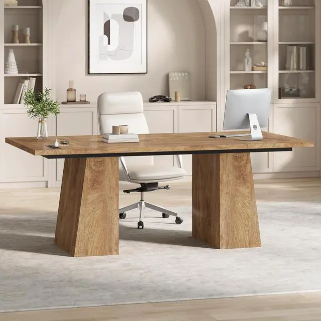 Alt view image 7 of 7 - 63 in Executive Desk with Power Outlets, Modern Home Office Desk with Storage Cabinet, Wood Computer Desk Business Workstation Desk Conference Table (Oak)