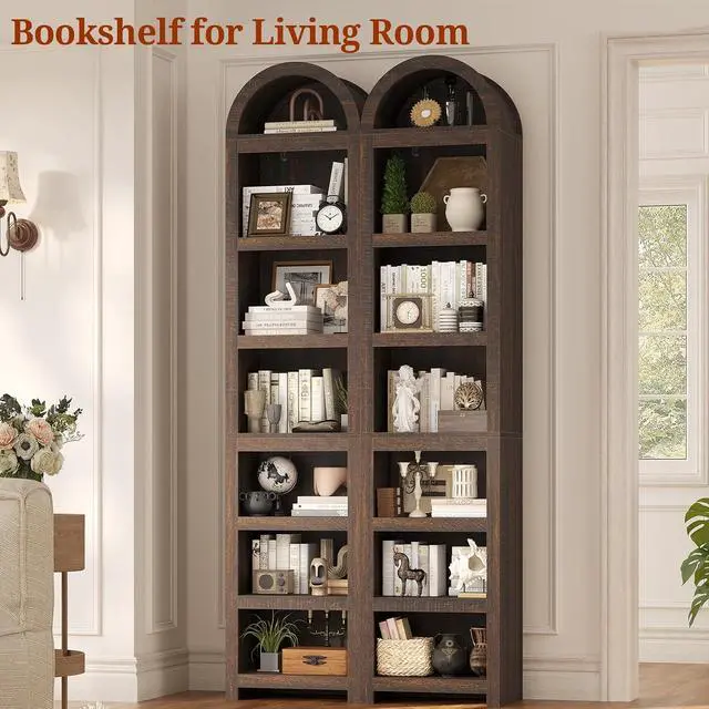 Alt view image 7 of 7 - 76" Tall Narrow Arched Bookcase,7-Teir Mid-Century Modern Bookshelf,Adjustable Shelves offering More Storage Space for Living Room,Kitchen,Home Office,Walnut