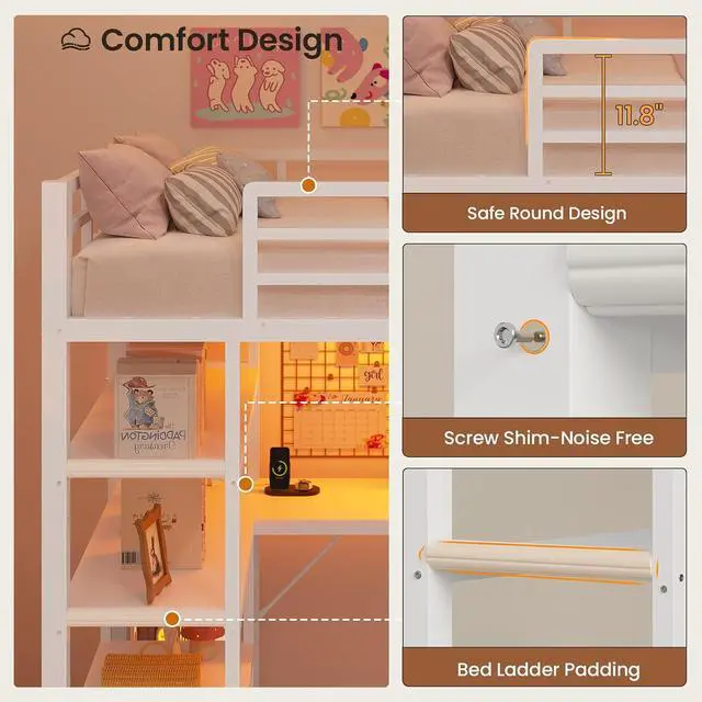 Alt view image 5 of 7 - Loft Bed Twin Size with L Shape Desk,4 Drawers,3-Tier Storage Shelves Metal Loft Bed Frame with Power Outlet and LED Lighted,No Box Spring Needed,Space-Saving,Noise Free,White