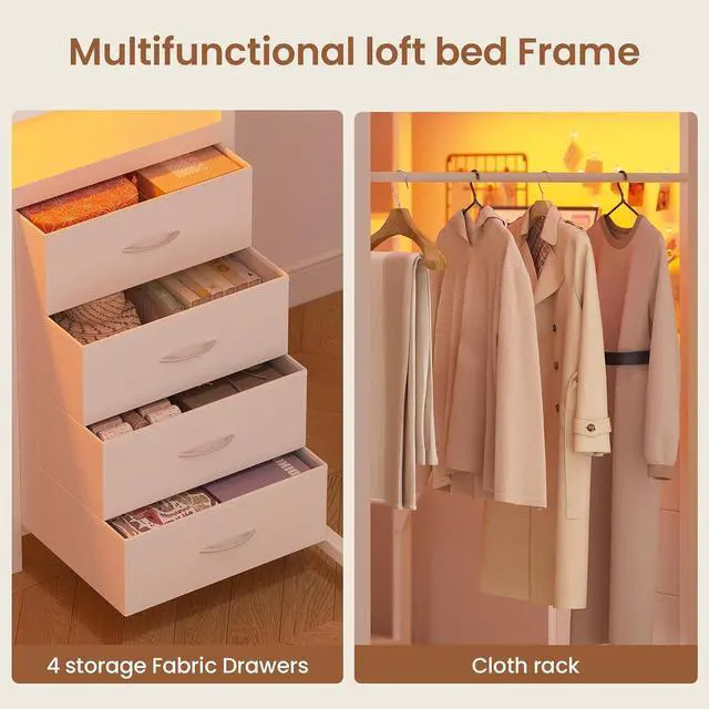 Alt view image 6 of 7 - Loft Bed Twin Size with L Shape Desk,4 Drawers,3-Tier Storage Shelves Metal Loft Bed Frame with Power Outlet and LED Lighted,No Box Spring Needed,Space-Saving,Noise Free,White