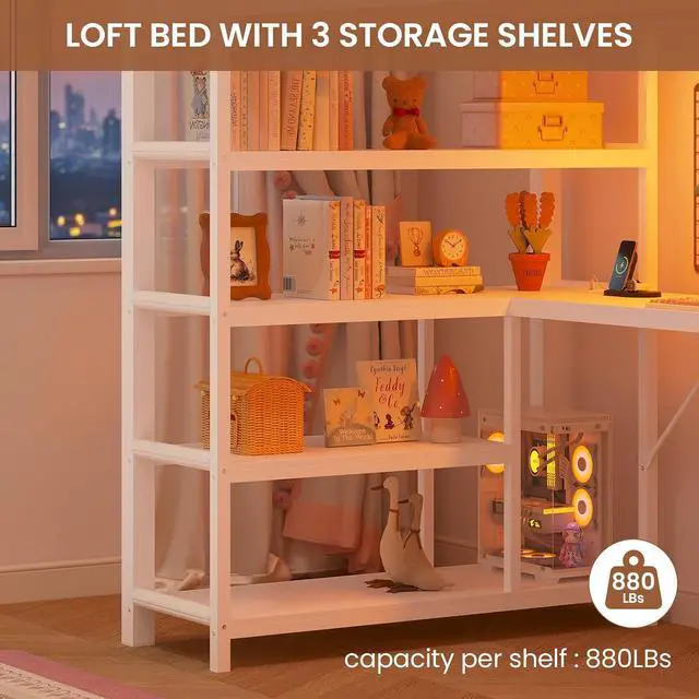 Alt view image 7 of 7 - Loft Bed Twin Size with L Shape Desk,4 Drawers,3-Tier Storage Shelves Metal Loft Bed Frame with Power Outlet and LED Lighted,No Box Spring Needed,Space-Saving,Noise Free,White