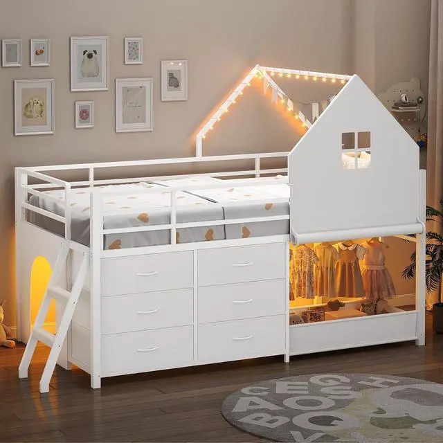 Main image of Twin - Low Loft Bed with Kids Clothing Rack, Kids Loft Bed, Loft Bed with Tent, Toy Storage Box, Safety Guardrail, LED Light, Under-Hide and Seek Bed Play Space (White)
