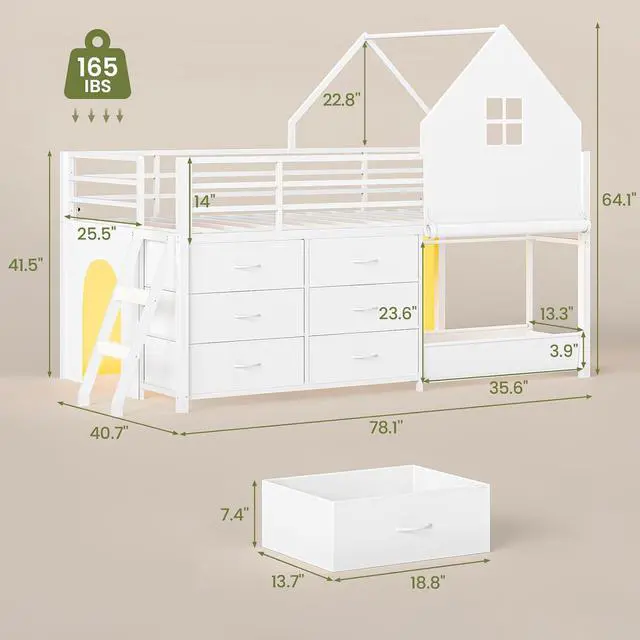 Alt view image 2 of 7 - Twin - Low Loft Bed with Kids Clothing Rack, Kids Loft Bed, Loft Bed with Tent, Toy Storage Box, Safety Guardrail, LED Light, Under-Hide and Seek Bed Play Space (White)