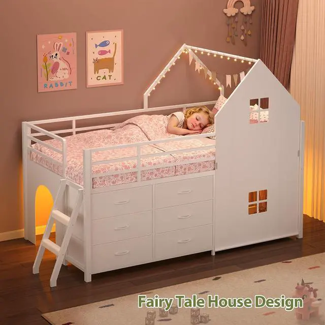 Alt view image 3 of 7 - Twin - Low Loft Bed with Kids Clothing Rack, Kids Loft Bed, Loft Bed with Tent, Toy Storage Box, Safety Guardrail, LED Light, Under-Hide and Seek Bed Play Space (White)