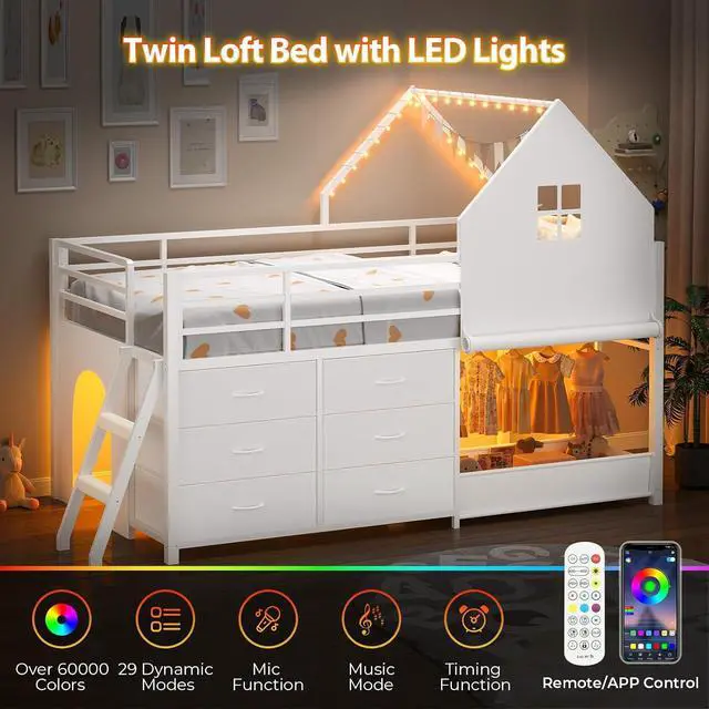 Alt view image 4 of 7 - Twin - Low Loft Bed with Kids Clothing Rack, Kids Loft Bed, Loft Bed with Tent, Toy Storage Box, Safety Guardrail, LED Light, Under-Hide and Seek Bed Play Space (White)
