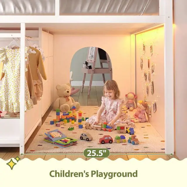 Alt view image 5 of 7 - Twin - Low Loft Bed with Kids Clothing Rack, Kids Loft Bed, Loft Bed with Tent, Toy Storage Box, Safety Guardrail, LED Light, Under-Hide and Seek Bed Play Space (White)